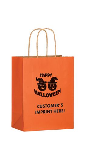 Custom Printed Halloween Stock Design Matte Orange Shopper • Pumpkins - Customized (8"x4 3/4"x10 1/2") - Flexo Ink - 4M8410P-FI